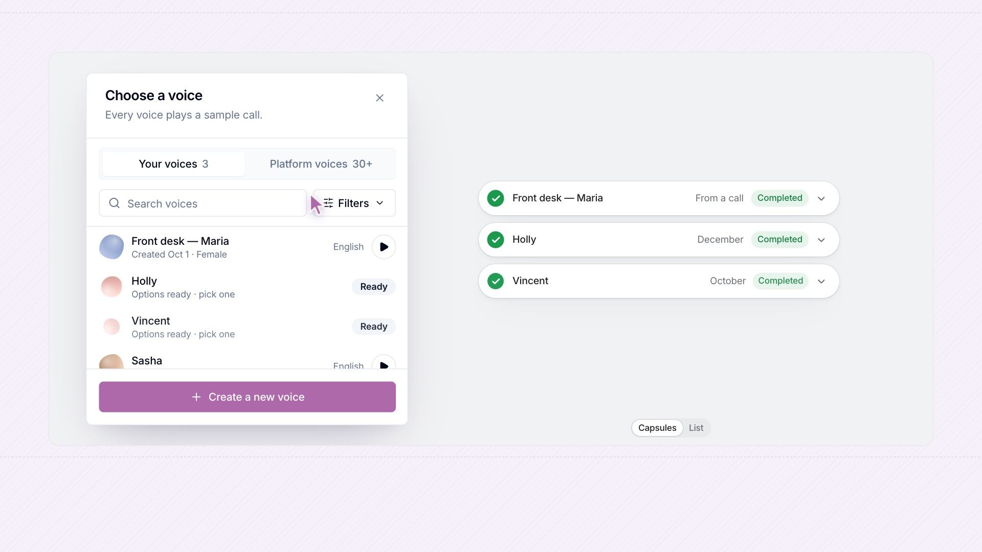 The voice picker showing new voices moving from processing to ready under Your voices.
