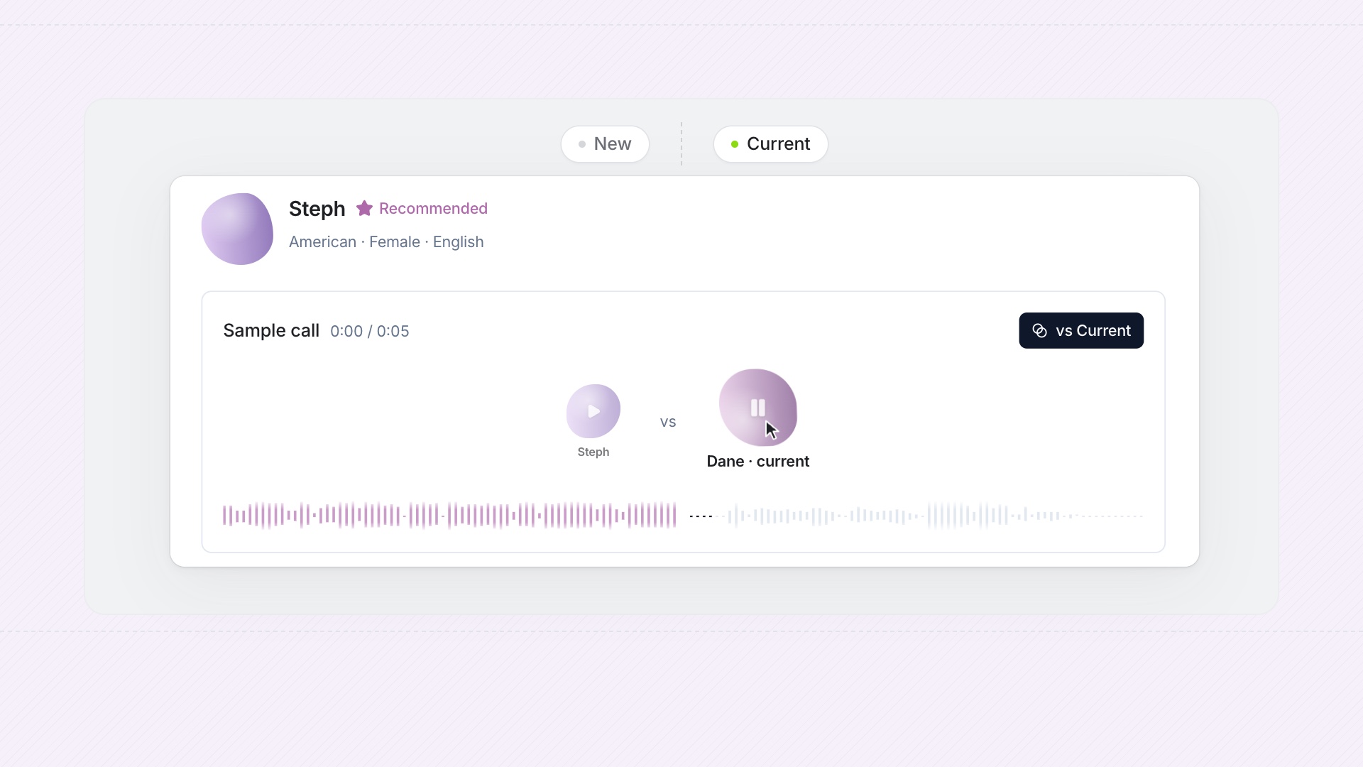Comparing a new voice with the current voice on the same sample call, side by side.
