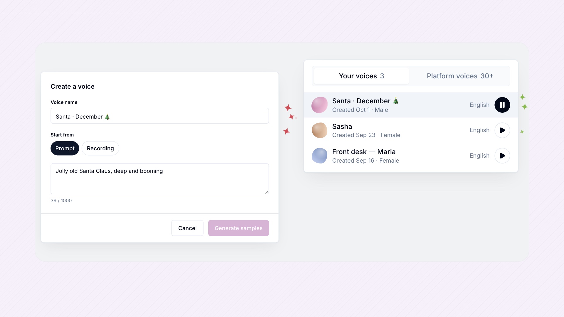 Creating a voice from a description in Voice Studio. The description reads jolly old Santa Claus, deep and booming, and the new December voice appears under Your voices.