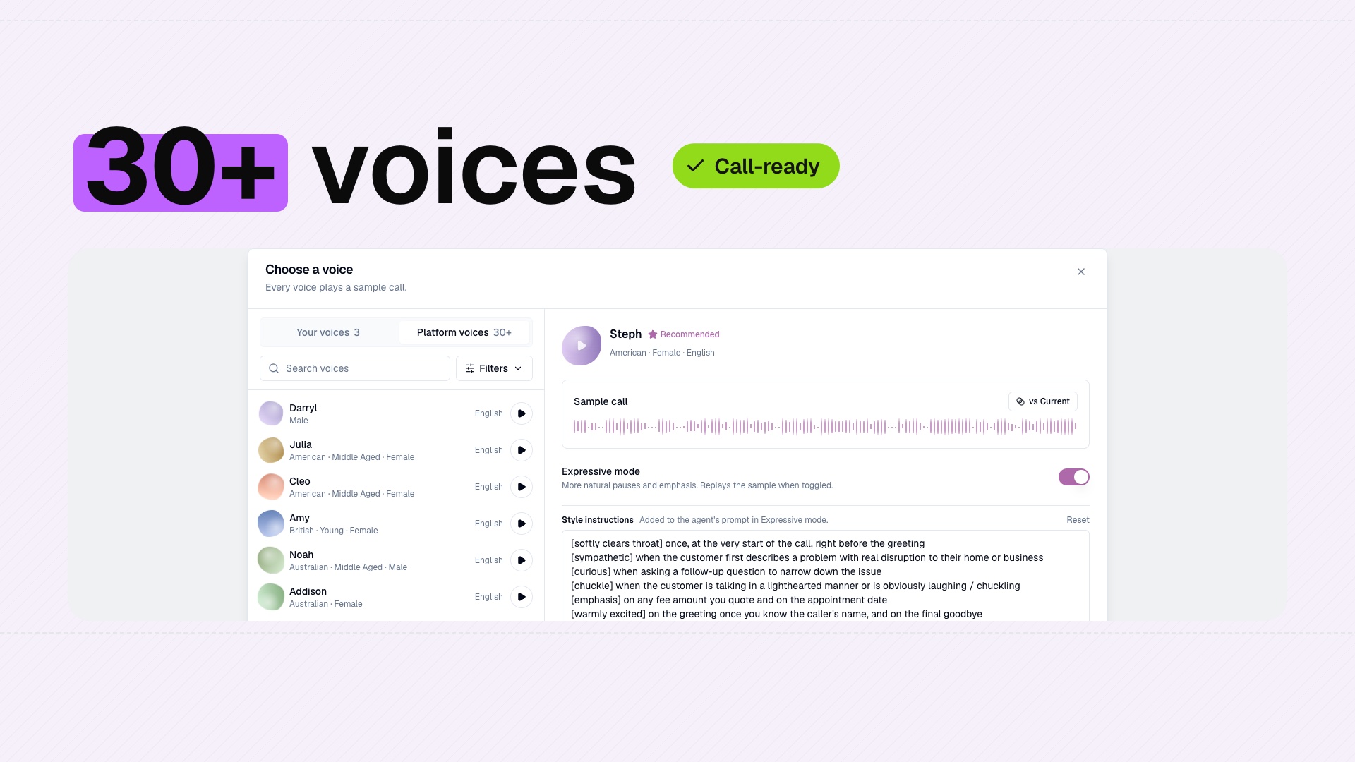 The Platform voices tab in the voice picker, with search, filters, a list of voices and a sample call player.